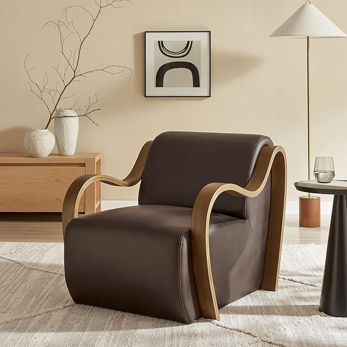 Modway Atrium Vegan Leather Upholstered Lounge Chair in Espresso with Sculptural Bentwood Arms – Mid-Century Modern Accent Armchair for Living Room or Bedroom