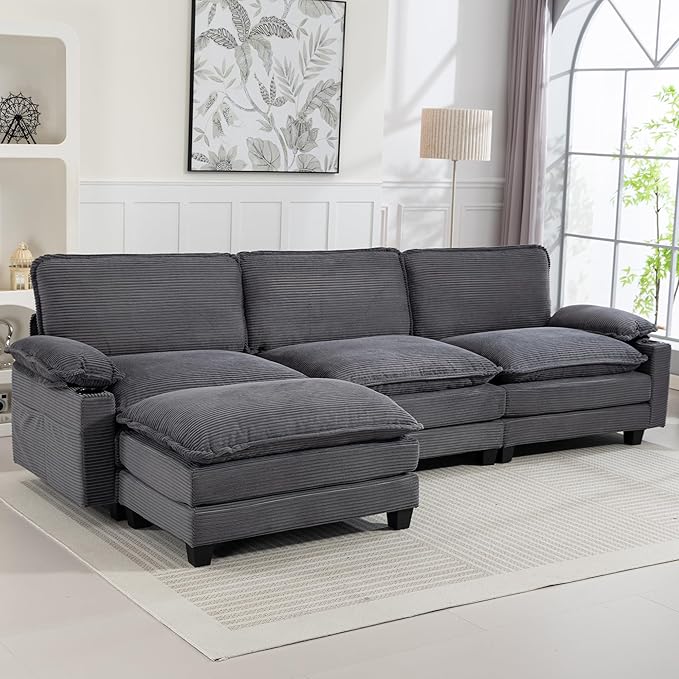 113 Cloud Sectional Couch Modular L Shaped Sofa with Movable Ottoman Comfy Corduroy Deep Seat Sofa with Cup Holders Storage Bags Couches for Living Room