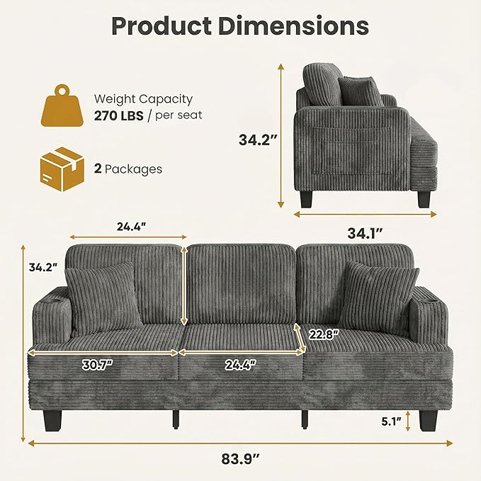 JUMMICO Corduroy Couches for Living Room 3 Seater Couch with Cup Holders and Removable Cover Small Sofa with Deep Seats for Apartment Terrace or Loft (Gray)