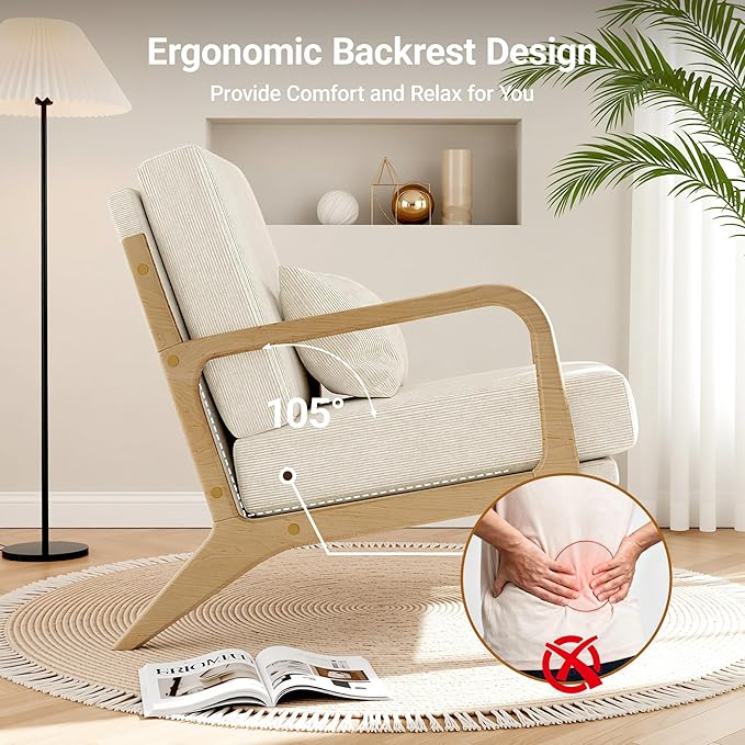 Claiks Mid-Century Modern Accent Chair Living Room Armchair with Solid Wood Frame &amp Lumbar Pillow Comfy Upholstered Lounge Chair for Bedroom Office Corduroy Beige
