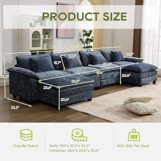 IPKIG 154 Modular Sectional Sofa Cloud Couch Chenille Large U-Shaped Couch Comfy Upholstered 4-Seat Sofa with 2 Ottoman 4 Lumbar Pillow Deep Seat Sofa for Living Room (Blue)