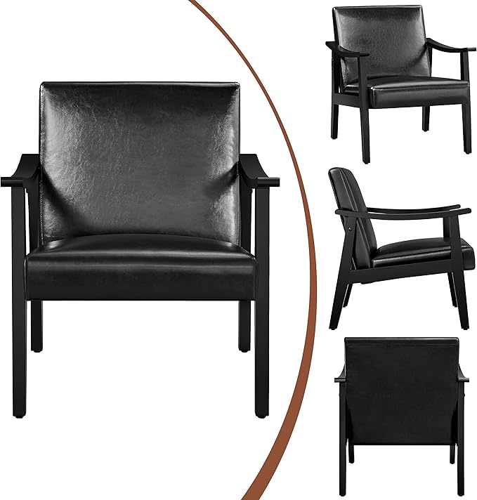 Yaheetech PU Leather Accent Chair Mid-Century Modern Armchair with Solid Wood Legs Reading Leisure Chair with High Back for Living Room Bedroom Waiting Room Black