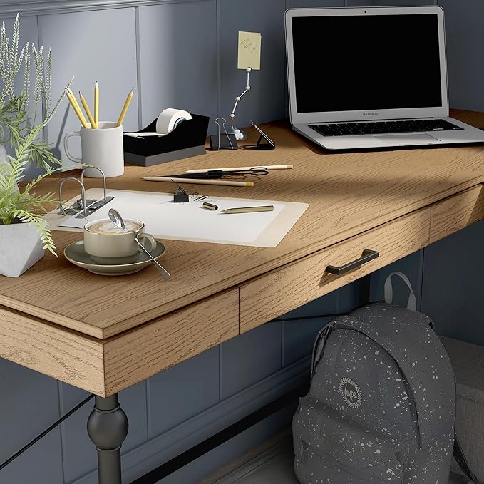 24/7 Shop at Home Monier Farmhouse Metal 2 Shelves Corner Computer Desk with USB Port Power Outlet 1 Drawer for Workstation Home Office Study Room Oak Brown