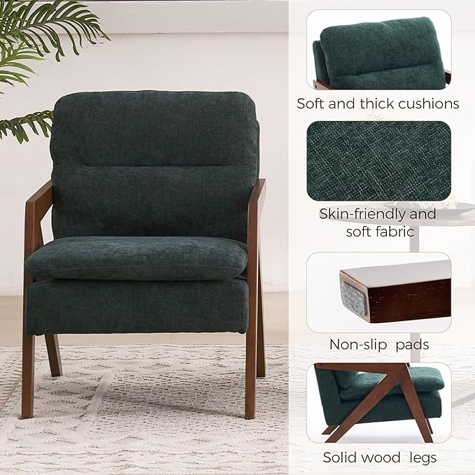 Mid-Century Modern Accent Chair with Solid Wood FrameTufted Upholstered Chenille Living Room Arm Chairs with Thick Cushion for Bedroom Living Room Reading RoomBalconyGreen