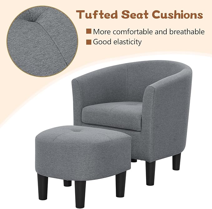 Anwick Accent Chair Barrel Chair with Ottoman Footstool Modern Upholstered Soft Comfy Club Accent Armchair Set for Living Room/Bedroom/Reading Room/Guestroom/Corner (Gray)