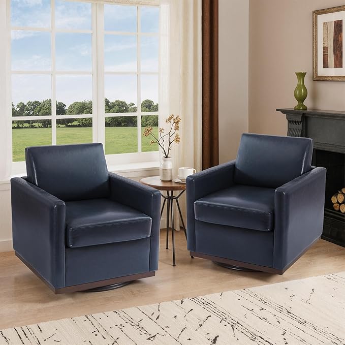 Swivel Barrel Accent Chair Mid Century Modern Arm Chair for Living Room Bedroom Comfy Club Reading Lounge Sofa Corner Chairs for Adults (Leather Navy Blue Set of 2)