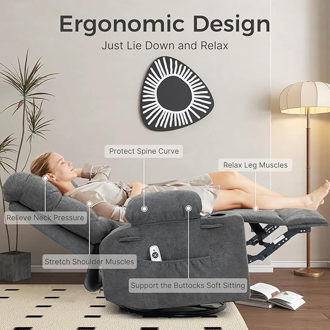 Massage Rocker Recliner Chair with Heat Oversized 360° Swivel Glider Manual Comfy Overstuffed Single Sofa with Cup Holders Side Pocket for Bedroom Living Room (Dark Gray)
