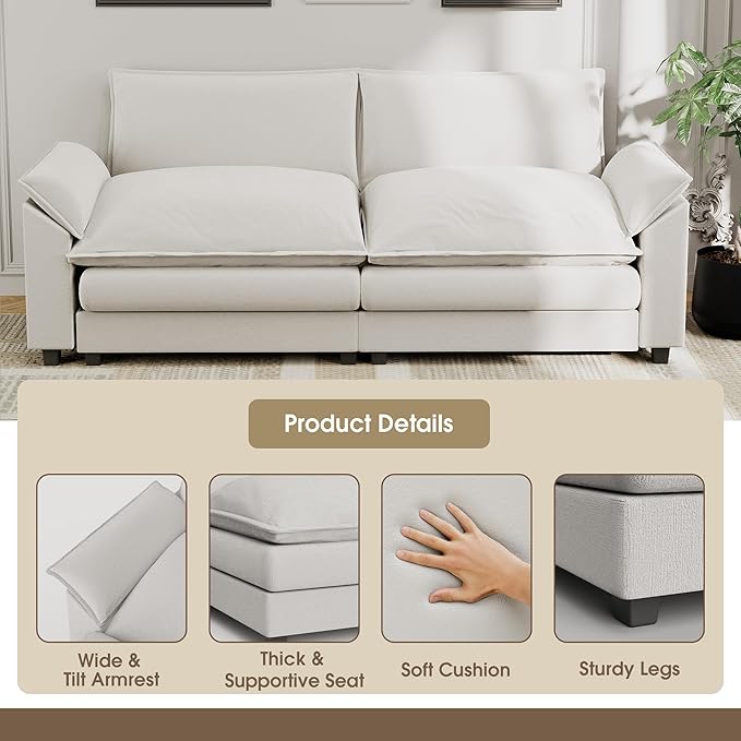 JUMMICO 79” Sectional Sofa Modern Deep Couch Loveseat Chenille Fabric Modular Sofa Sleeper Comfy for Living Room/Bedroom/Apartment (White Loveseat Sofa)