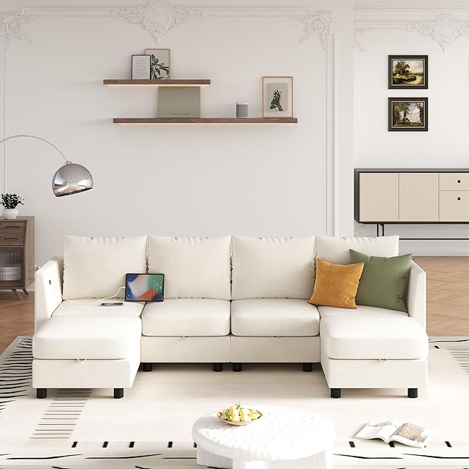 YOUDENOVA 106'' Modular Sectional Sofa 6 Seats Couch Set with Storage U Shaped Sofa with USB Charging Port Modern Comfy Chenille Couch for Living Room Beige