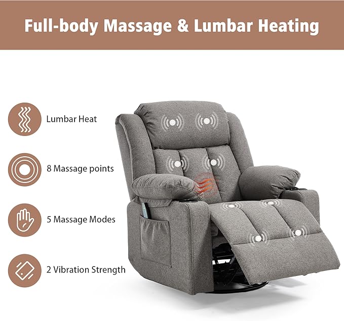 Rocker Swivel Recliner Chair for Adults Overstuffed Large Manual Recliner Glider with Massage and Heat Comfy Soft Fabric Living Room Reclining Sofa Chair (Smoked Gray)