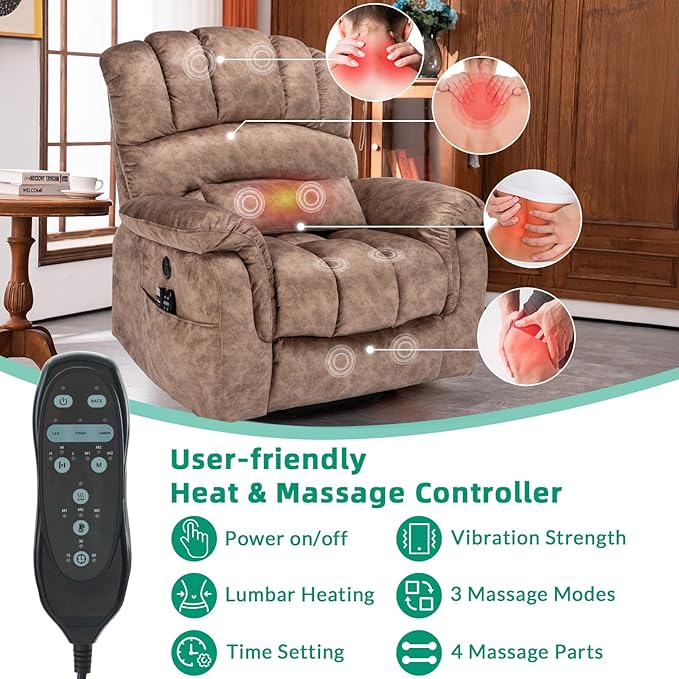 VIVIJASON Tall Man Large Dual Motor Power Lift Recliner Chair with Extended Footrest Overstuffed Lay Flat Sleeper Electric Recliner W/Heat &amp Massage Lumbar Pillow USB &amp Type-C Ports Plush