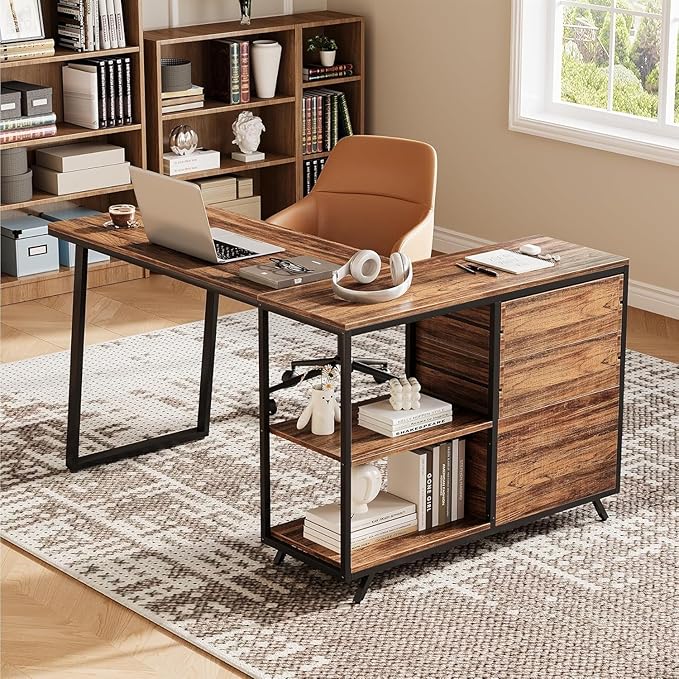 LITTLE TREE Reversible 53-inch L Shaped Desk with 3 Drawer Farmhouse Corner Desk Gaming Table with Shelves and File Cabinet for Letter Size &amp Legal Size File for Home Office and Small Space Brow