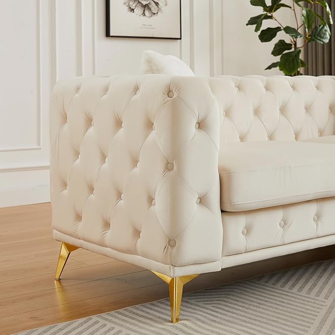 KEIKI 2-Piece Luxury Chesterfield Sofa Set with 2 Velvet 3-Seater Sofa Mid-Century 6-Seater Tufted Buttons Couch Set with 4 Pillows &amp High-Density Foam Cushions Easy Assembly for Living Room B