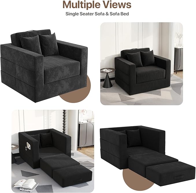 Claiks Convertible Sofa Bed2 in1 Folding Sofa BedArmchair Sleeper Sofa Boneless Corduroy Couch with 2 Pillows for Living Room BedroomBlack
