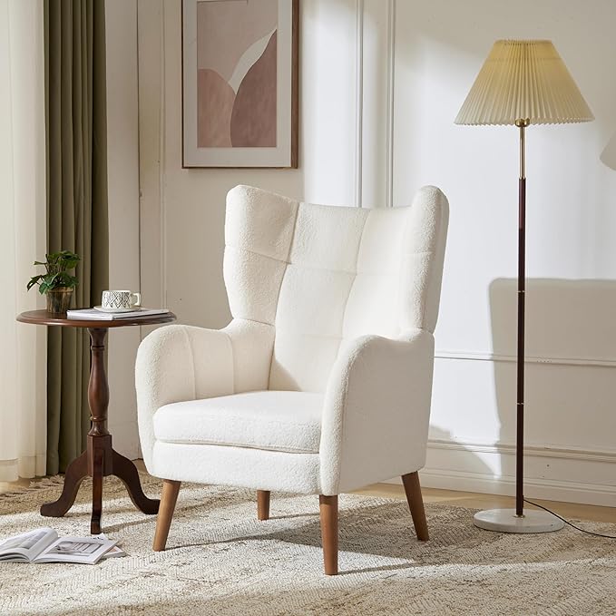 Accent Chair for Bedroom White Boucle Upholstered Armchair - Modern Small Comfy Reading Chair with High Back for Living Room Home Office Dressing Vanity Chair Dressing Room Small Spaces