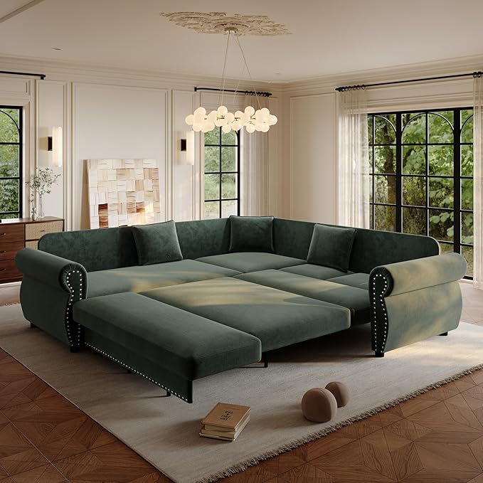 88.2 Sleeper Sofa Bed Sectional Couches for Living Room/Apartment Chenille L Shaped Couch with Pull Out Couch Bed Convertible Sectional Sofa with Rolled Arm &amp Nailhead Trim Green