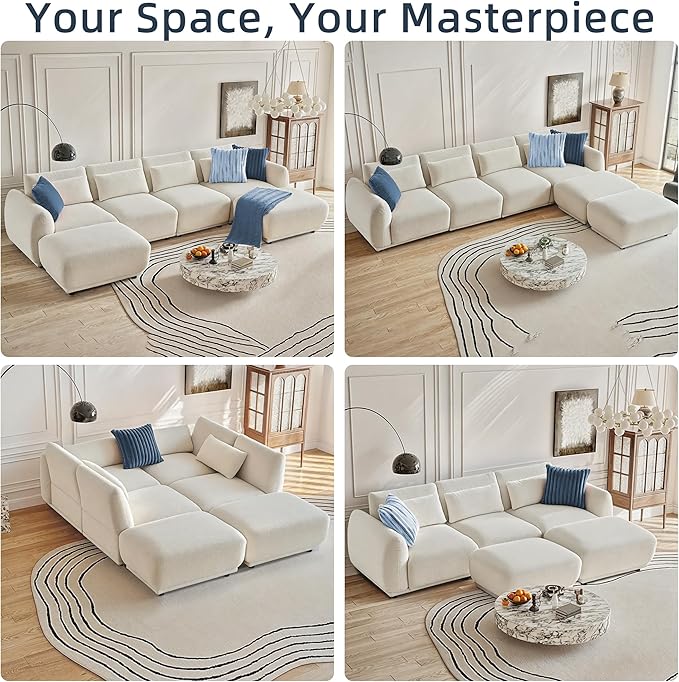 Sectional Sofa Couch Modern U Shaped Sectional Couch with Ottoman Modular Sectional Sofa Cloud Couches for Living Room (Beige 4 Set + 2 Ottoman)
