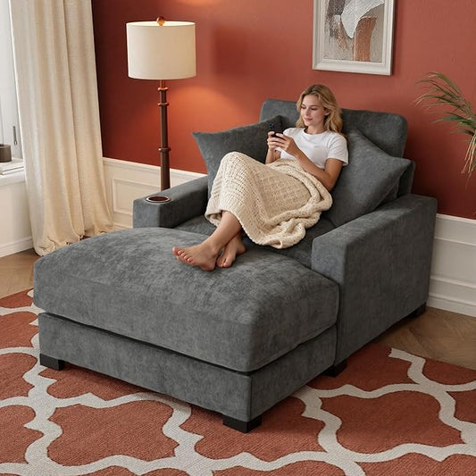 Oversized 60 Chaise Lounge Sofa Chaise Lounge Recliner with Adjustable Backrest Built-in Cup Holder USB and Type-C Port 2 Pillows Sleeper Couch with Deep Seat for Living Room Bedroom Gray