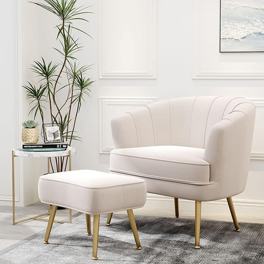 Andeworld Velvet Accent Chair with Ottoman Upholstered Modern Single Sofa Side ChairComfy Barrel Club Living Room Armchair with Golden Metal Legs for Bedroom Living Reading Room Office Beige