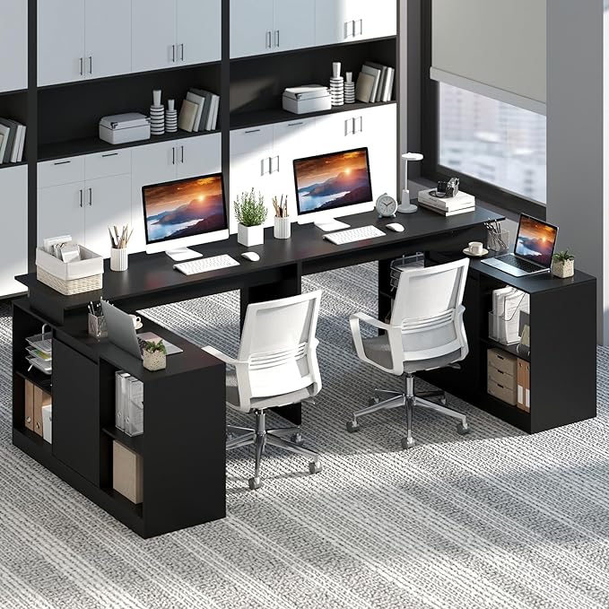 Tangkula L-Shaped Computer Desk 48 Reversible Corner Writing Desk with 2-Way Cabinet &amp 4 Storage Compartments Modern Executive Desk Laptop Workstation for Home Office (Black)