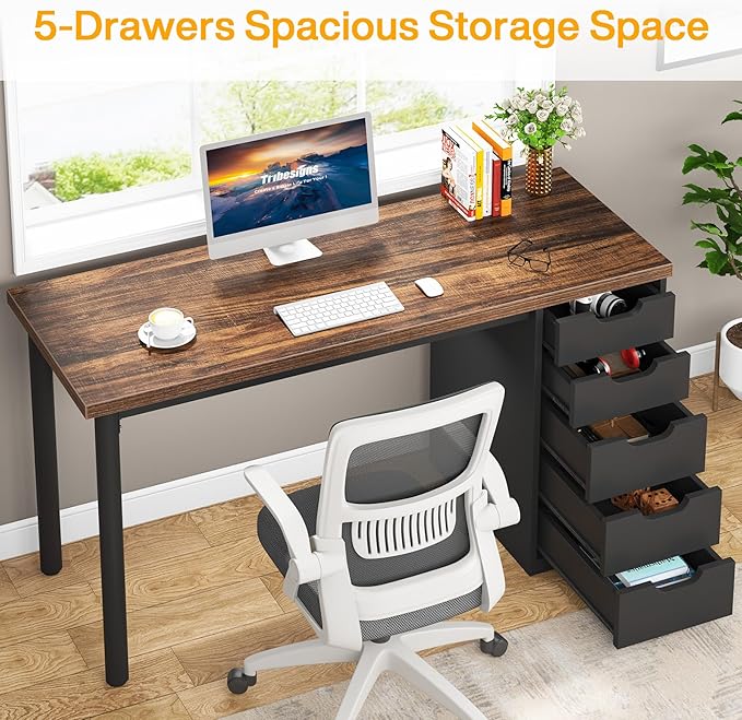 Tribesigns Computer Desk with 5 Drawers 47 inches Rustic Brown Home Office Desk with Storage Modern Simple Laptop Desk Study Writing Table for Small Spaces (1 Brown+Black)