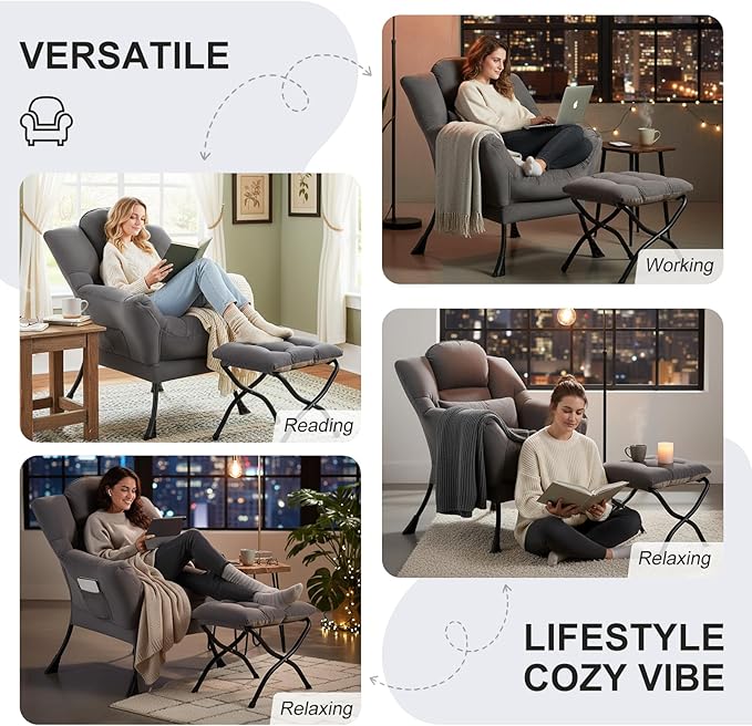 Lazy Chair with Ottoman Comfy Fabric Accent Lounge Arm Chair with Lumbar Pillow and Folding Footrest Reading Leisure Sofa Armchair for Bedroom Living Room DormDark Grey