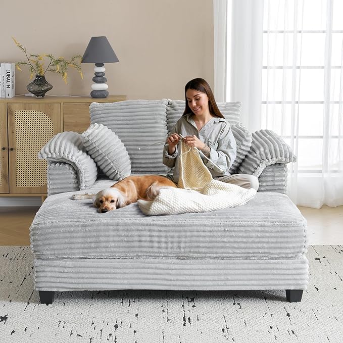 VINGLI Lounge Chair 56 Oversized Reading Chair Corduroy Chaise Sofa Recliner Bed Upholstered Comfy Sleeper Couch with Throw Pillows and Armrests for Living Room Movie Room Bedroom