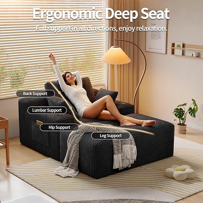 MoonSpeak 67 Boneless Reading Chair with Lounges Chaise Indoor Corduroy Cloud Couch with 1 Ottoman Upholstered Sleeper Sofa Bed with Wide Armrest and 3 Pillows for Living RoomReading Room(Black)