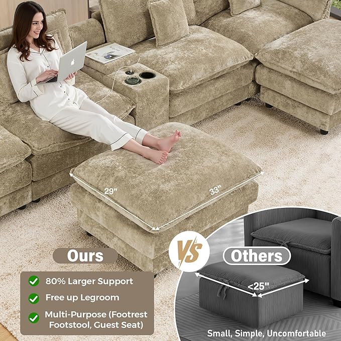 152 Oversized Modular Sectional Sofa U Shaped Cloud Couch Modern 6 Seat Sofa Set for Living Room Comfy Chenille Couch with Storage Central Console Movable Ottomans Cup Holders USB Ports Camel