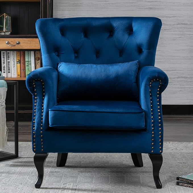 Kmax Velvet Tufted Accent Chair Mid Century Throne Chair Comfy Sofa Chair Padded Seating WingBack Unique Wood Legs Home Club Bedroom Living Room Blue