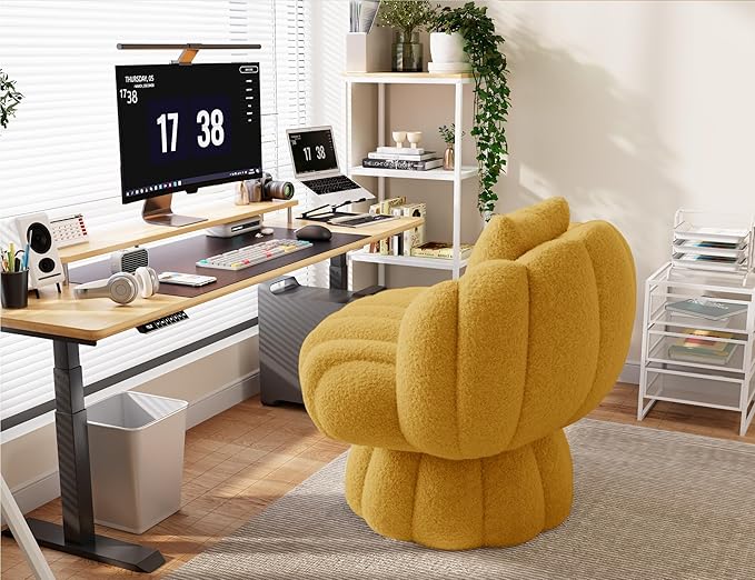 Mid Century Modern 360 Degree Barrel Swivel Accent Vanity ChairFluffy Sherpa Fabric Lounge Wide Upholstered Pumpkin Reading Chair Round Cloud Armchair for Living RoomBedroomVanity(Mustard)