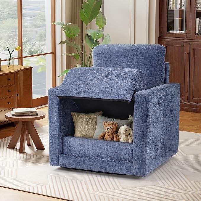 Bonzy Home 360 Degree Swivel Accent Chair with Hidden Storage Space Soft Chenille Modern Arm Chair for Living Room and Bedroom Blue