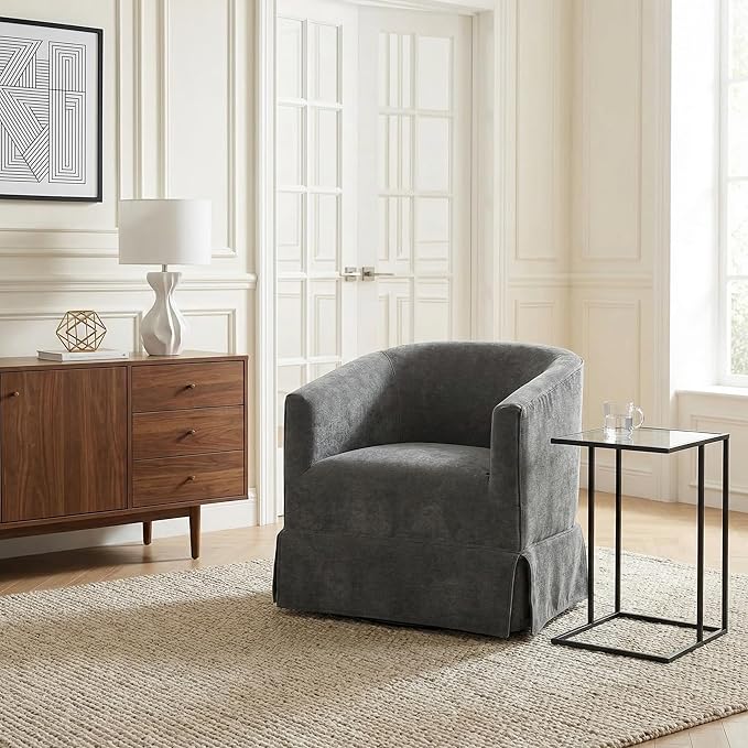 Swivel Accent Chair for Living Room 360° Upholstered Barrel Swivel Chairs with Skirted Base Modern Linen Armchairs for Bedroom Reading Nook Small Space Grey