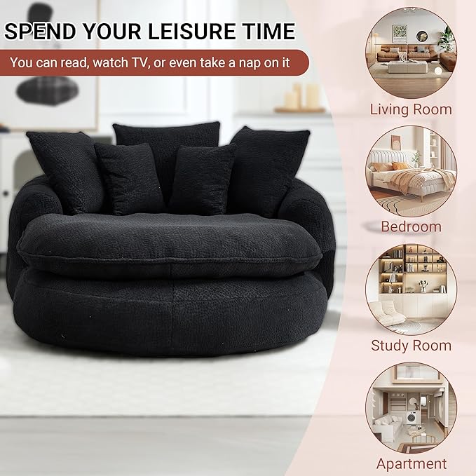 71 Oversized Round Chair Giant Bean Bag Couch Chairs for Adults Fluffy Chenille Boneless Couch Circle Bed with 5 Pillows Extra Deep Seat for Living Room Lounge No Assembly Required (Black)