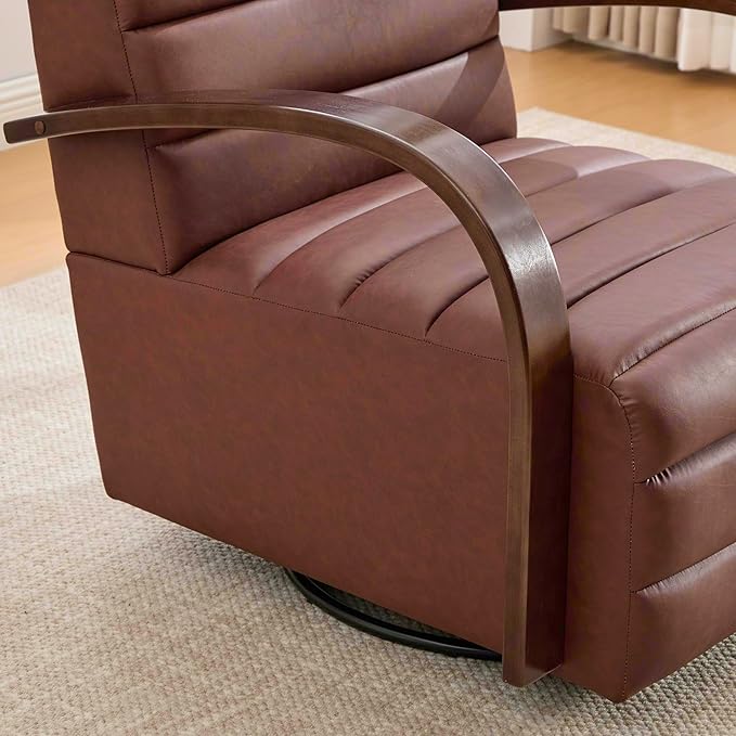 30.3 W Swivel Accent Chair with Solid Wood Armrests Modern Upholstered Armchair with Metal Base 360 Degree Comfy Lounge Reading Chair for Living Room Bedroom or Office (Brown+PU.)