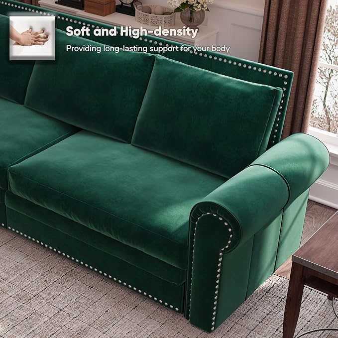 JOYBASE Pull Out Sofa Bed King-Size Convertible Sleeper Sofa Modern 3-Seater Velvet Couch with Nailhead for Living Room Office Apartment (Green)