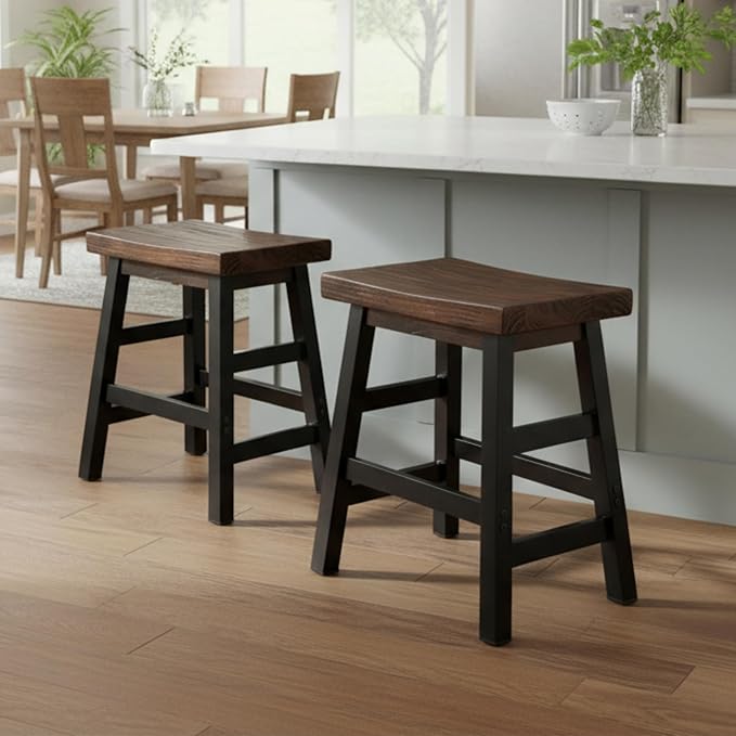 Alaterre Furniture Pomona Rustic Industrial Barstool – 20” Backless Counter Stool with Solid Pine Wood Seat and Black Metal Legs – Farmhouse Seating for Dining Room Kitchen or Office (Natural/Black)