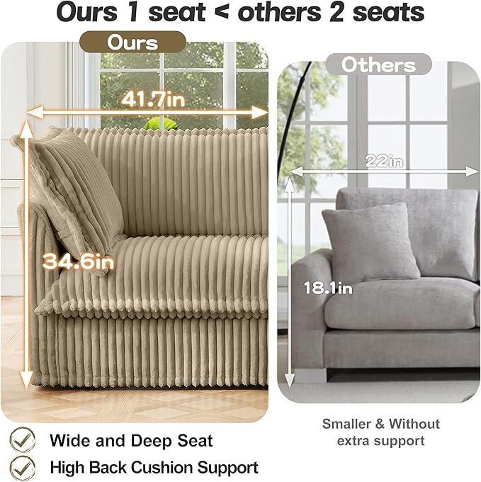 120 Slipcovered Modular Cloud Sectional Sofa Deep Seat Corduroy U Shaped Couch with Removable Covers 3-Seater Sofa for Living Room (Light Camel) | Slipcovered