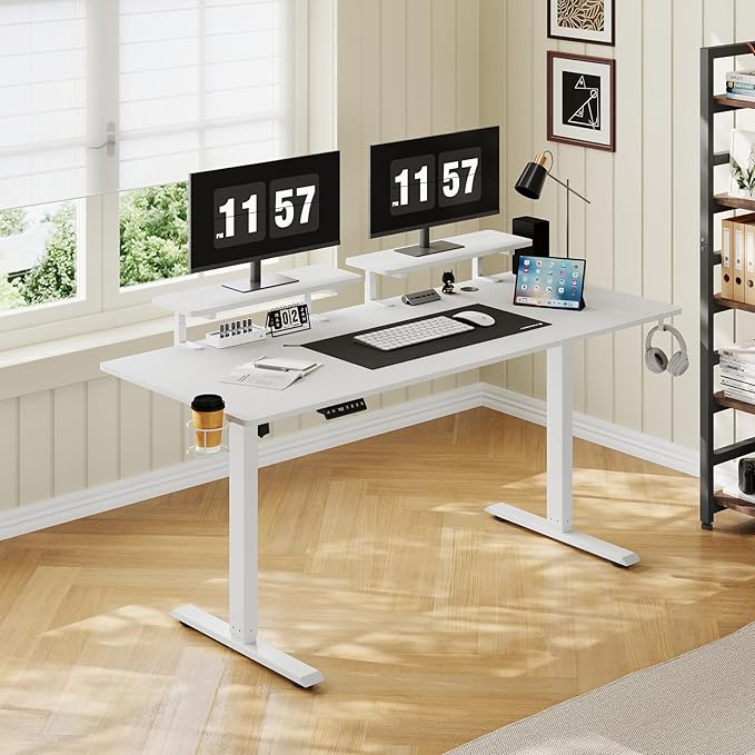 71 x 24 Inches Electric Standing Desk with 2 Monitor Shelves Adjustable Computer Desk from 28-46'' Sit to Stand UpHome Office Desk with Memory Controlller for Workstations White