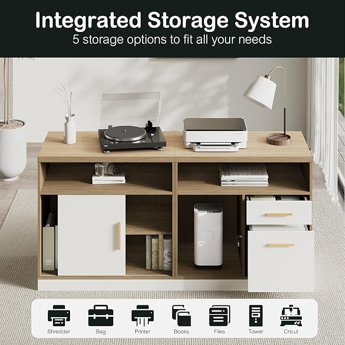 Home Office Furniture Set 114 Standing Desk with 2 File Cabinets AC/USB Extra Long Double Desk for 2 Person Electric Height Adjustable for Home and Office Light Walnut