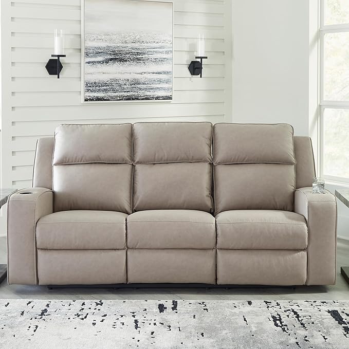 Signature Design by Ashley Lavenhorne Contemporary Faux Leather Manual Reclining Sofa with Drop Down Table Cup Holders and USB Ports Beige