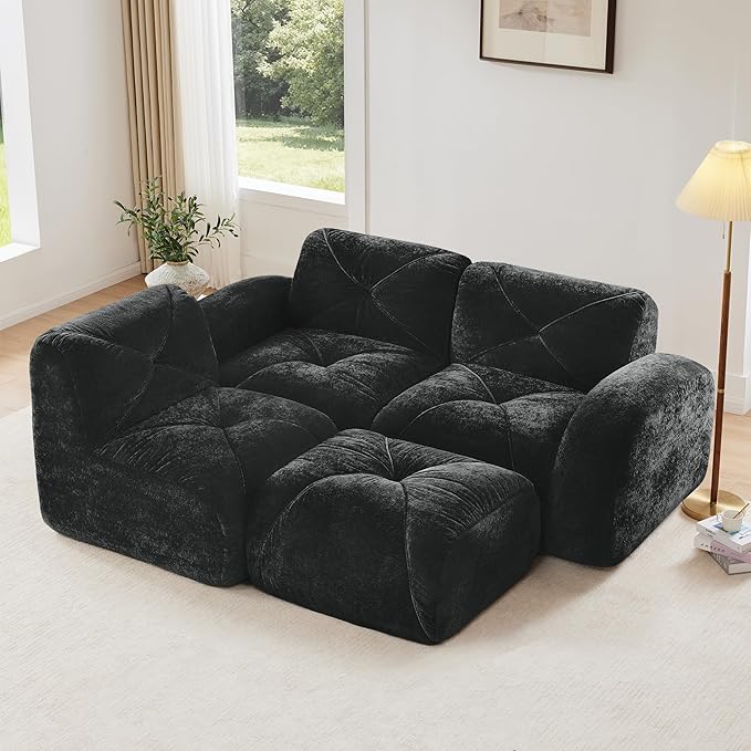 Boneless Couch Modular Sectional Sofa 3 Seater Sectional Couches for Living Room 110.6 L Shaped Cloud Couch with Ottoman Retro Velvet Floor Sofa for Bedroom No Assembly RequiredBlack
