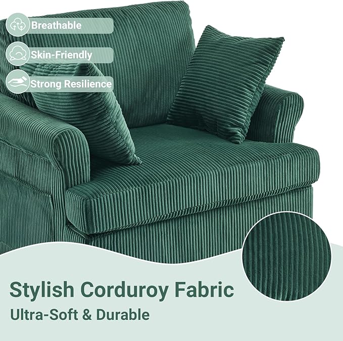 Karl home 39 Swivel Accent ChairOversized Seat Armchair W/2 Pillows and 4 PocketsModern Upholstered Corduroy Barrel ChairsComfy Single Sofa for Living RoomReadingBedroom and Office-Dark Green
