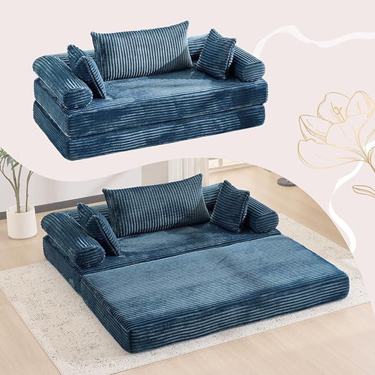 VINGLI Convertible Futon Sofa Bed Upholstered Corduroy Boneless Couch King Size Floor Loveseat Sleeper Sofa with 2-in-1 Throw Pillow Couches for Living Room Bedroom Lounge Navy Blue