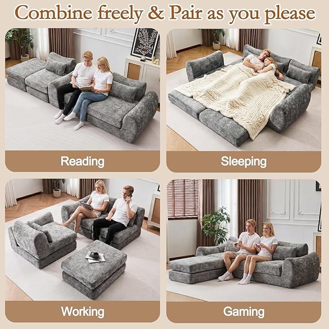 105” Modular Sectional Sofa Convertible Sofa BedTransforms into Single or Double Sofa Chenille Fabric Cloud SofaModern Soft Boneless Comfort No Assembly Required Grey
