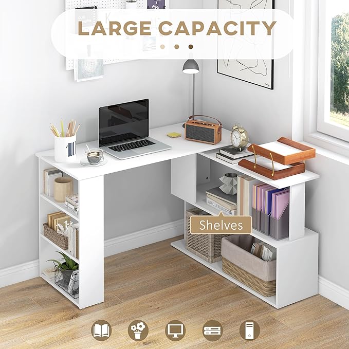 L Shaped Corner Desk 360 Degree Rotating Home Office Desk with Storage Shelves Writing Table Workstation White
