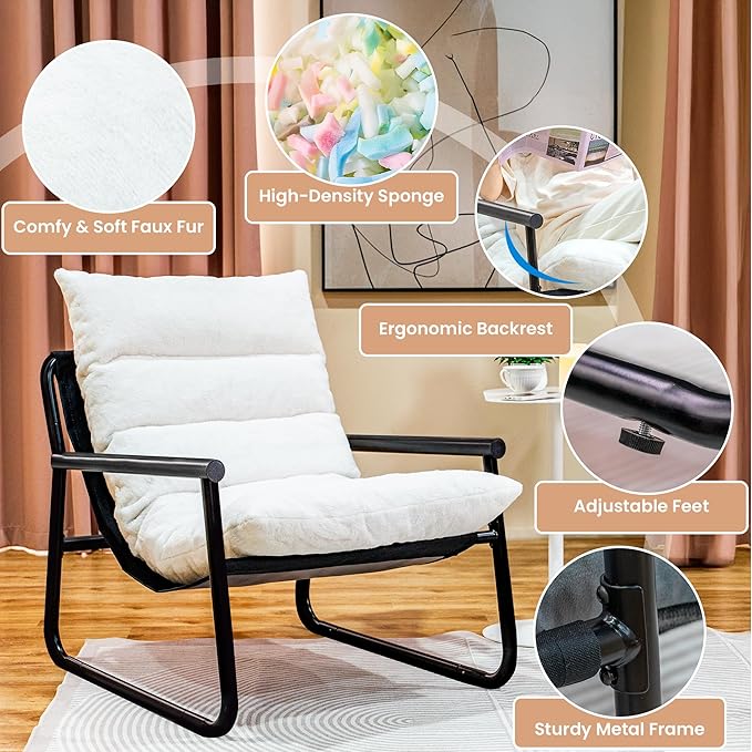 Accent Chair with Arms Living Room Chair with Cushion Comfy Chairs Padded Patio Leisure Lounge Chair Sturdy Comfy for Reading Nook &amp Bedroom 200Lbs Capacity(White 1-1)