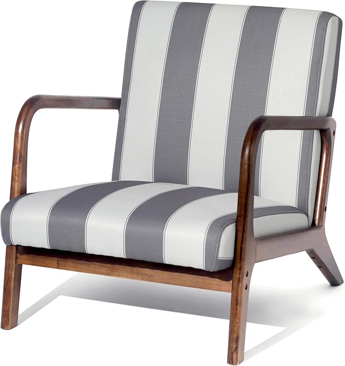 Cotton Accent Chair Mid-Century Modern Living Room Armchair with Nailhead Trim &amp Wood Legs Comfy Upholstered Single Sofa Modern Accent Chair Single Wood Frame Living Room Armchair Stripped Gray Wh