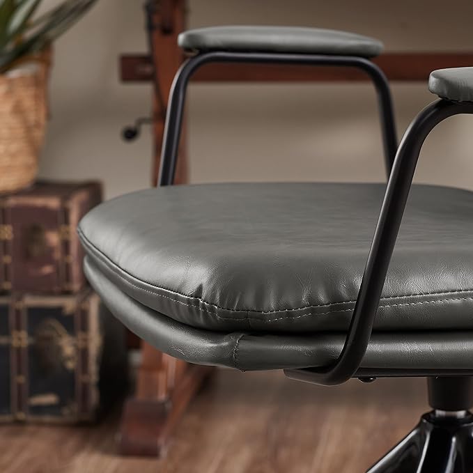 Art Leon Mid Century Modern Chair Oak Legs Swivel Accent Chair No Wheels Faux Leather Armchair for Small Spaces Home Office Living Room Bedroom Gray