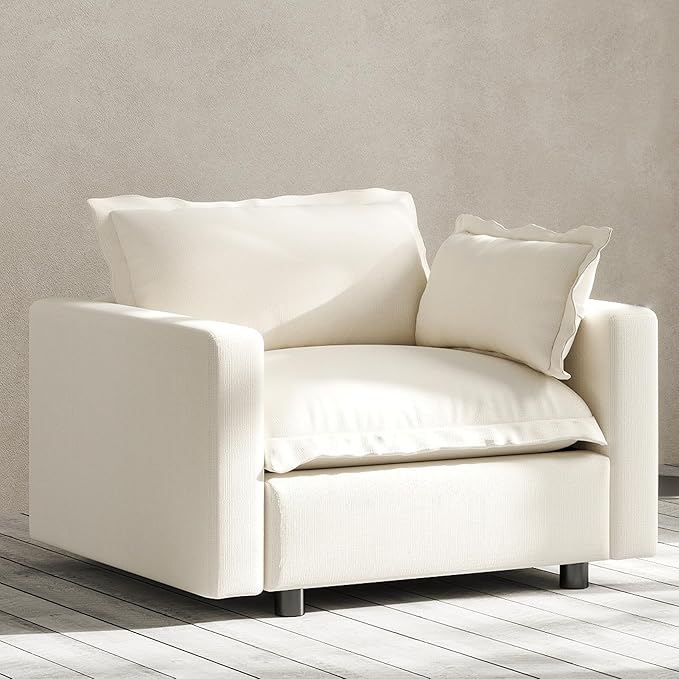 Modern Couch Modular Sectional Sofa Single Sofa Accent Chair with Ottoman for Living Room Bedroom Study Reading Corner Linen Fabric-White